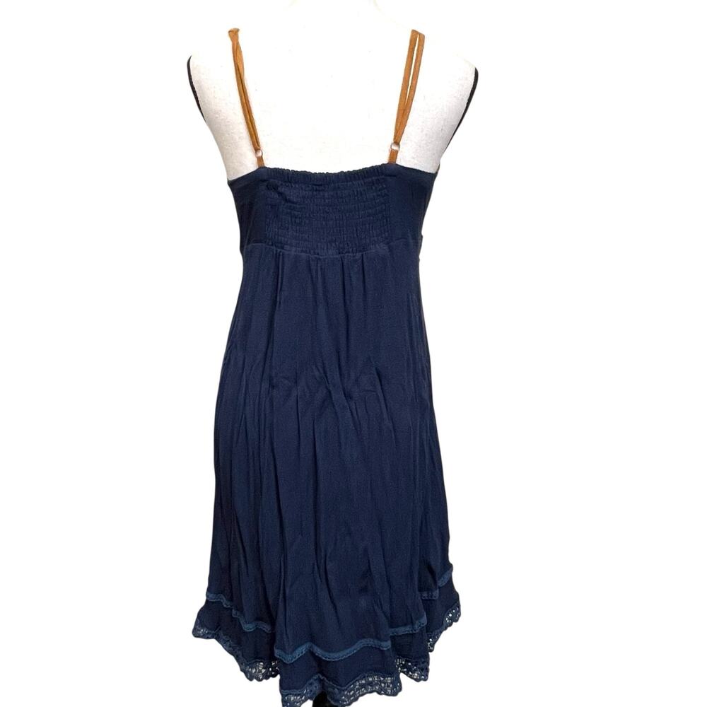 Miss Me Mini Dress L Blue Crochet Lace Empire Waist Flowy Spaghetti Strap - Picture 3 of 12